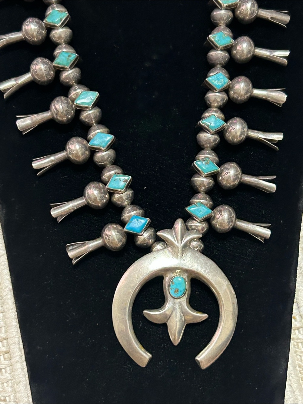 Vintage unisex sterling silver turquoise squash blossoms necklace 24-25” - Picture 3 of 16